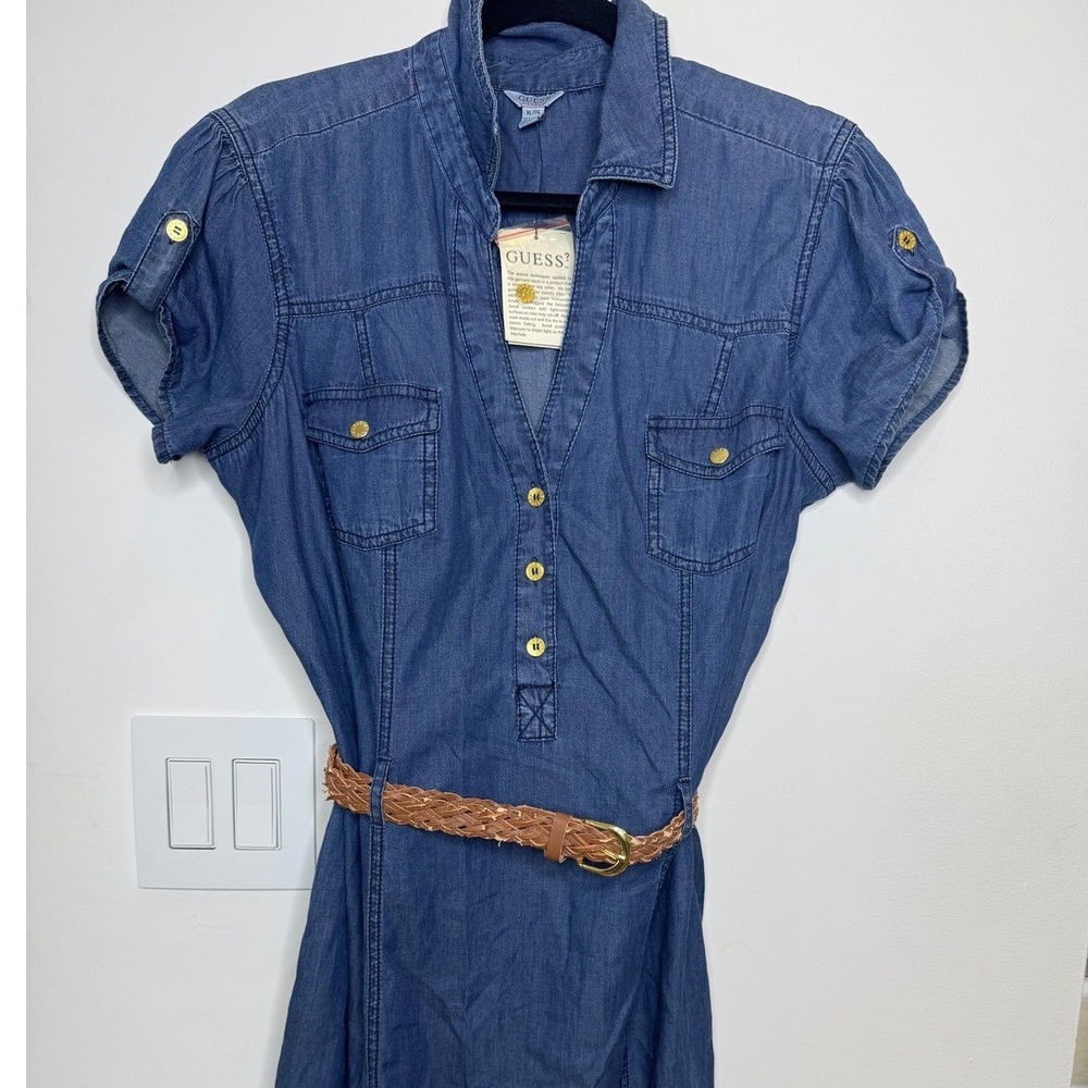 Guess Celestine Shirt Dress XL Dark Wash Denim Short Sleeve Braided Belt NWT